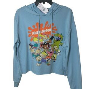 NICKELODEON Logo Hoodie BABY BLUE CROPPED Sweatshirt RUGRATS Shirt REPTAR sz M